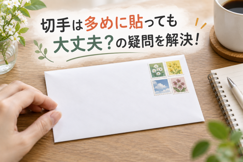 封筒と複数の切手を使って、切手を多めに貼っても大丈夫かを紹介するアイキャッチ画像