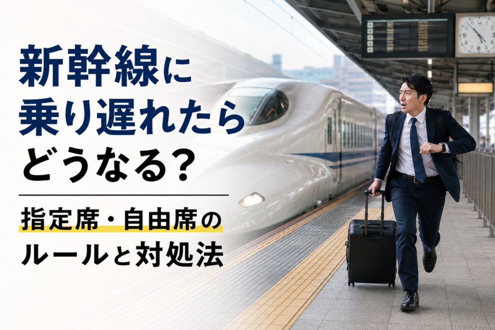 新幹線のホームで列車に急ぐスーツ姿の男性と、指定席・自由席のルールと対処法を説明する画像